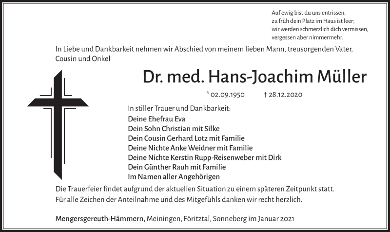 Traueranzeigen von Hans Joachim Müller franken gedenkt de