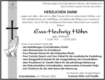 Traueranzeigen von Eva Hedwig Höhn franken gedenkt de