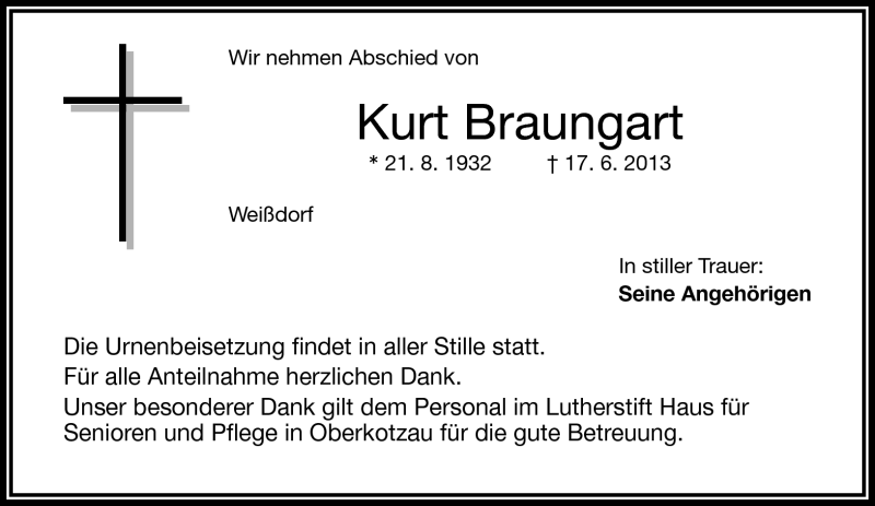  Traueranzeige für Kurt Braungart vom 01.07.2013 aus Frankenpost