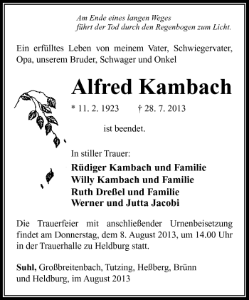 Traueranzeige von Alfred Kambach von Südthüringer Presse