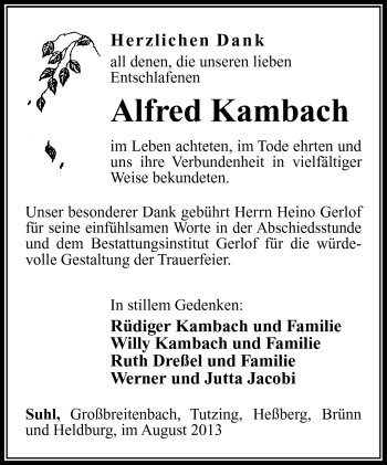 Traueranzeige von Alfred Kambach von Südthüringer Presse