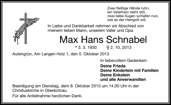 Traueranzeige von Max Hans Schnabel von Frankenpost