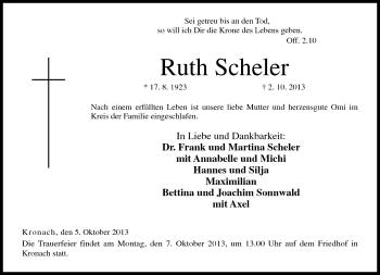 Traueranzeige von Ruth Scheler von Neue Presse Coburg