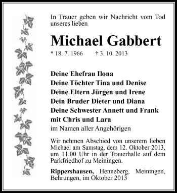 Traueranzeige von Michael Gabbert von Südthüringer Presse