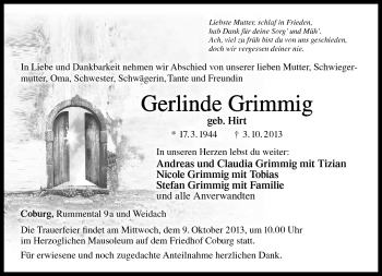 Traueranzeige von Gerlinde Grimmig von Neue Presse Coburg