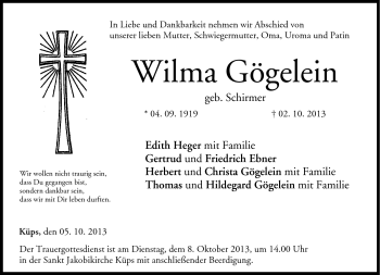 Traueranzeige von Wilma Gögelein von Neue Presse Coburg