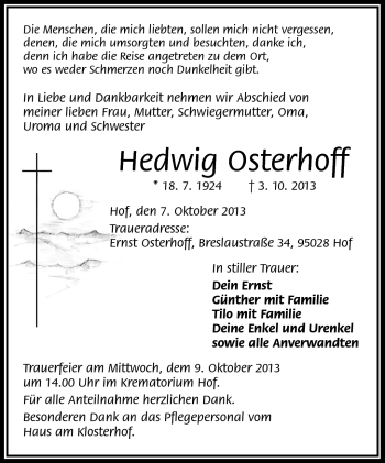 Traueranzeige von Hedwig Osterhoff von Frankenpost