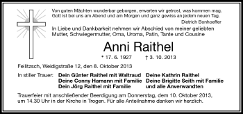 Traueranzeige von Anna Raithel von Frankenpost