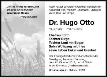 Traueranzeige von Hugo Otto von Südthüringer Presse