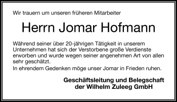 Traueranzeige von Jomar Hofmann von Frankenpost