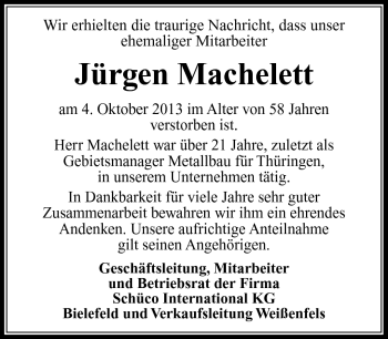 Traueranzeige von Jürgen Machelett von Südthüringer Presse