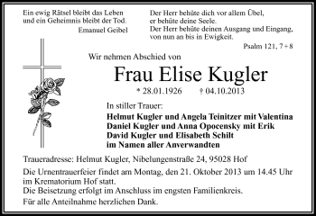 Traueranzeige von Elise Kugler von Frankenpost