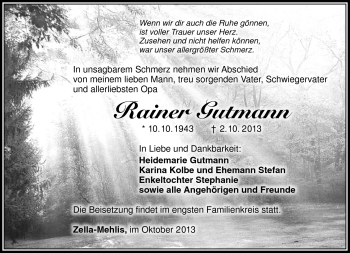 Traueranzeige von Rainer Gutmann von Südthüringer Presse