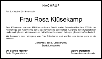 Traueranzeige von Rosa Klüsekamp von Neue Presse Coburg