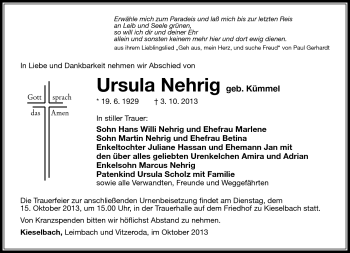 Traueranzeige von Ursula Nehrig von Südthüringer Presse