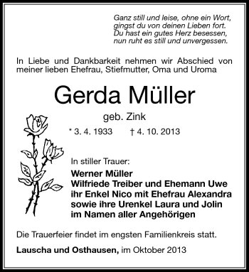 Traueranzeige von Gerda Müller von Südthüringer Presse