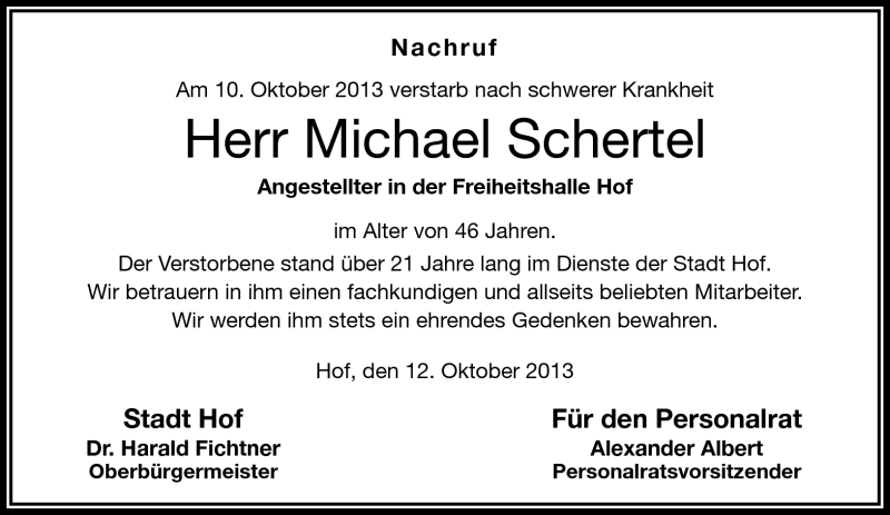  Traueranzeige für Michael Schertel vom 12.10.2013 aus Frankenpost