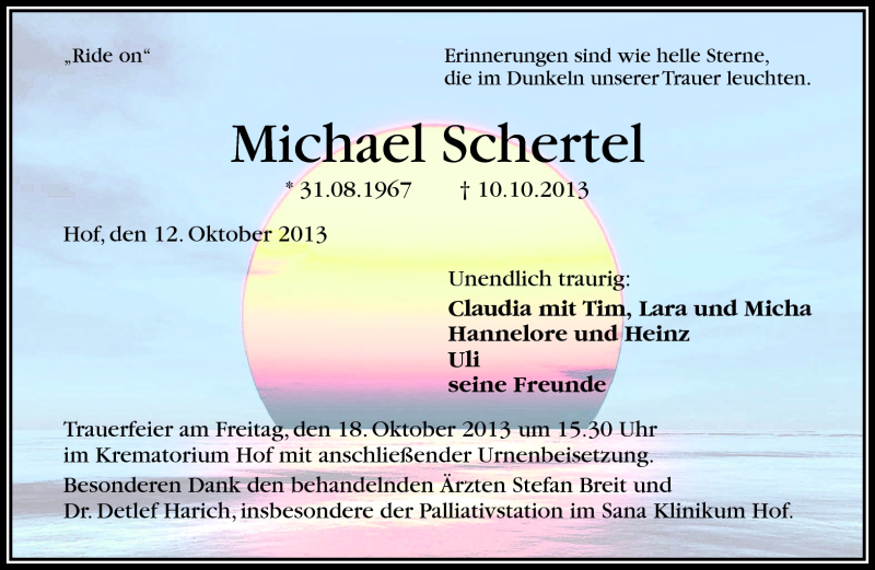  Traueranzeige für Michael Schertel vom 12.10.2013 aus Frankenpost