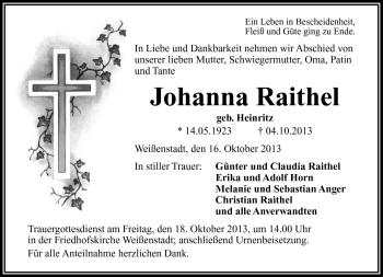 Traueranzeige von Johanna Raithel von Frankenpost