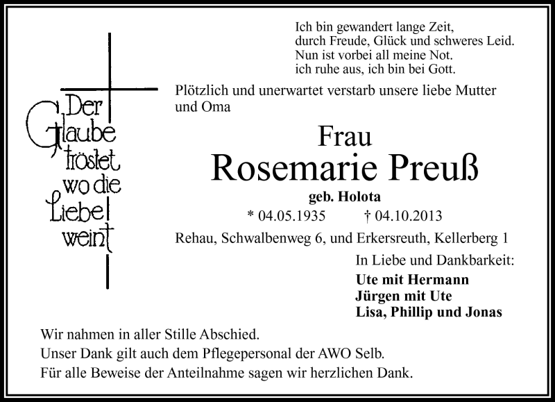  Traueranzeige für Rosemarie Preuß vom 18.10.2013 aus Frankenpost