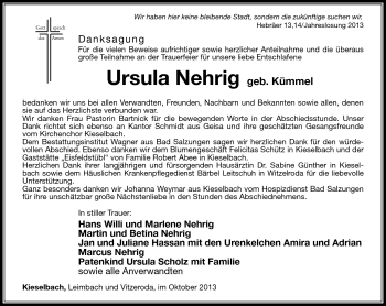 Traueranzeige von Ursula Nehrig von Südthüringer Presse