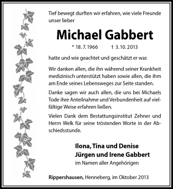 Traueranzeige von Michael Gabbert von Südthüringer Presse