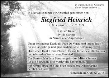 Traueranzeige von Siegfried Heinrich von Südthüringer Presse