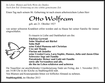 Traueranzeige von Otto Wolfram von Südthüringer Presse