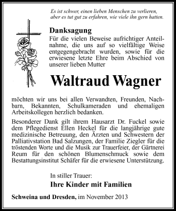 Traueranzeige von Waltraud Wagner von Südthüringer Presse