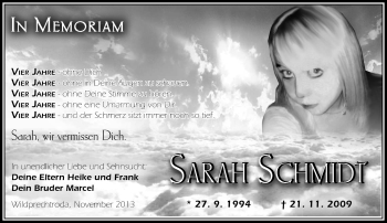 Traueranzeige von Sarah Schmidt von Südthüringer Presse