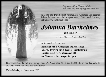 Traueranzeige von Johanna Barthelmes von Südthüringer Presse