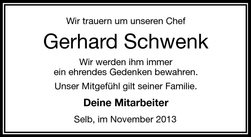  Traueranzeige für Gerhard Schwenk vom 28.11.2013 aus Frankenpost