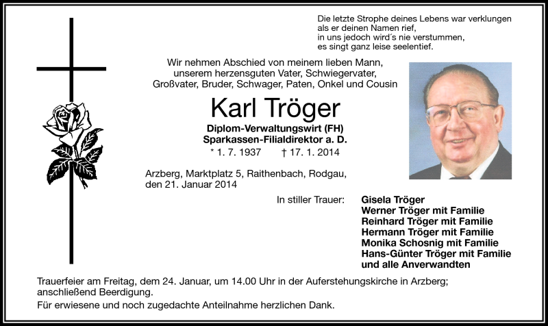  Traueranzeige für Karl Tröger vom 21.01.2014 aus Frankenpost