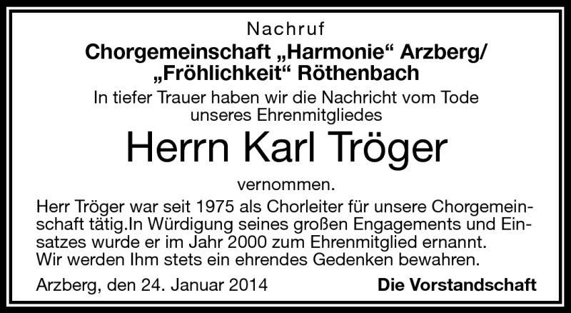  Traueranzeige für Karl Tröger vom 24.01.2014 aus Frankenpost