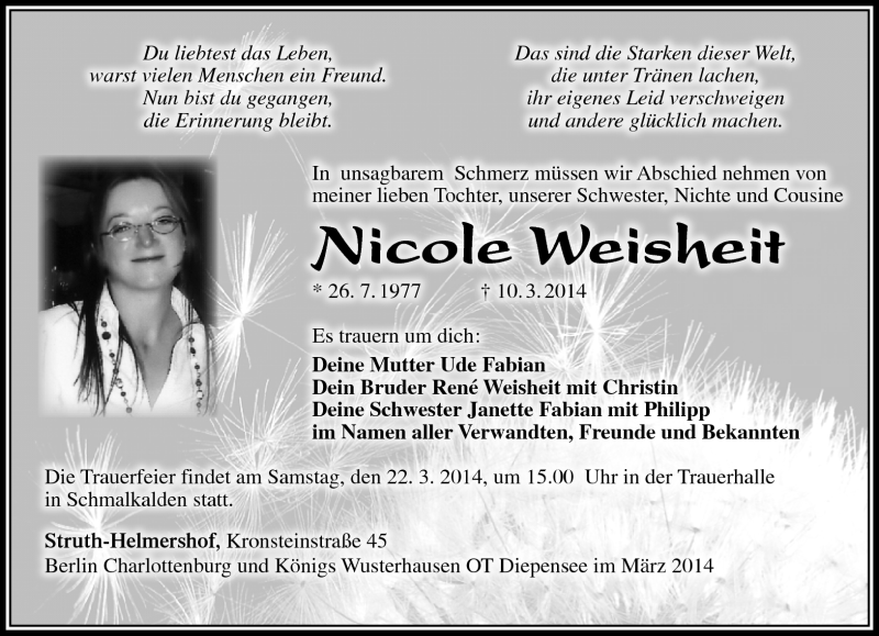  Traueranzeige für Nicole Weisheit vom 18.03.2014 aus Südthüringer Presse