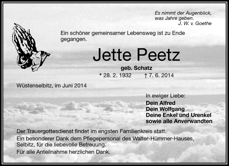  Traueranzeige für Jette Peetz vom 11.06.2014 aus Frankenpost