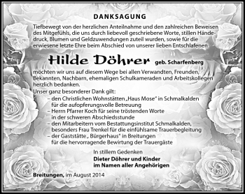 Traueranzeige von Hilde Döhrer von Südthüringer Presse