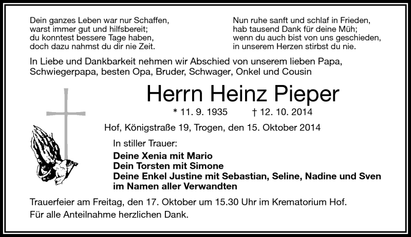  Traueranzeige für Heinz Pieper vom 15.10.2014 aus Frankenpost