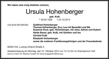 Traueranzeige von Ursula Hohenberger von Frankenpost