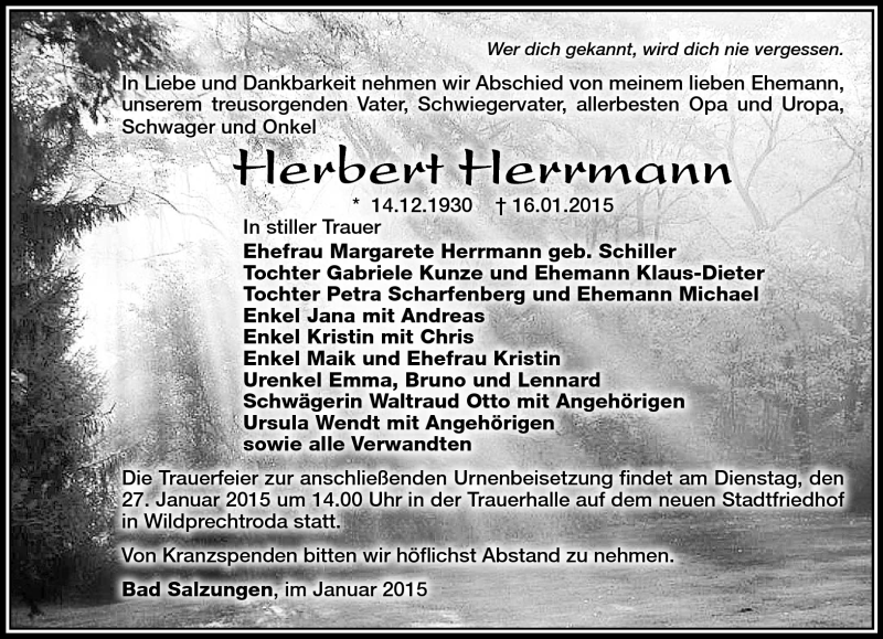 Traueranzeigen Von Herbert Herrmann Franken Gedenkt De