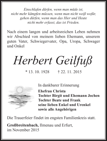 Traueranzeige von Herbert Geilfuß von Südthüringer Presse