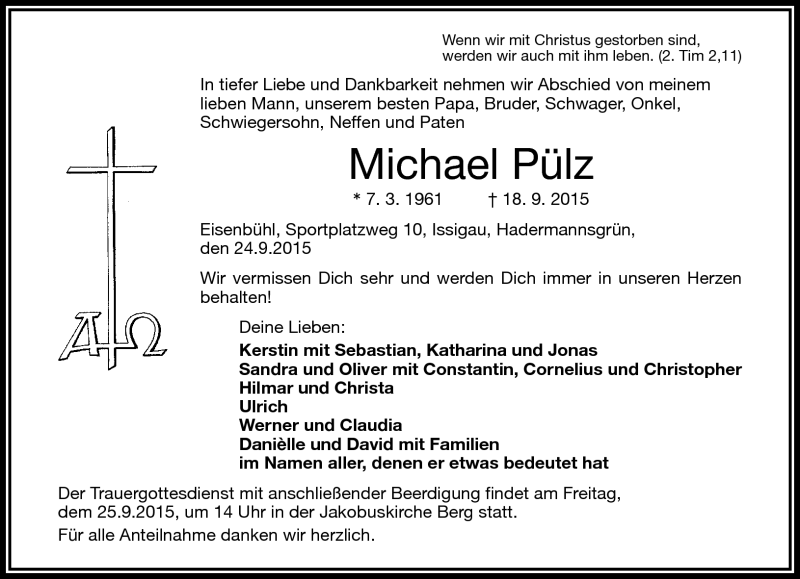  Traueranzeige für Michael Pülz vom 24.09.2015 aus Frankenpost