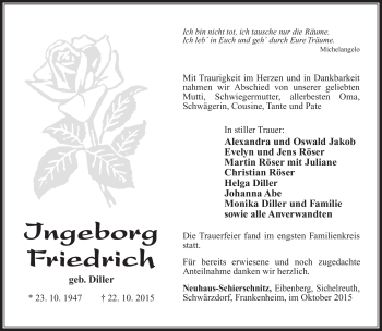 Traueranzeige von Ingeborg Friedrich von Südthüringer Presse