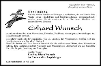 Traueranzeige von Erhard Wunsch von Südthüringer Presse