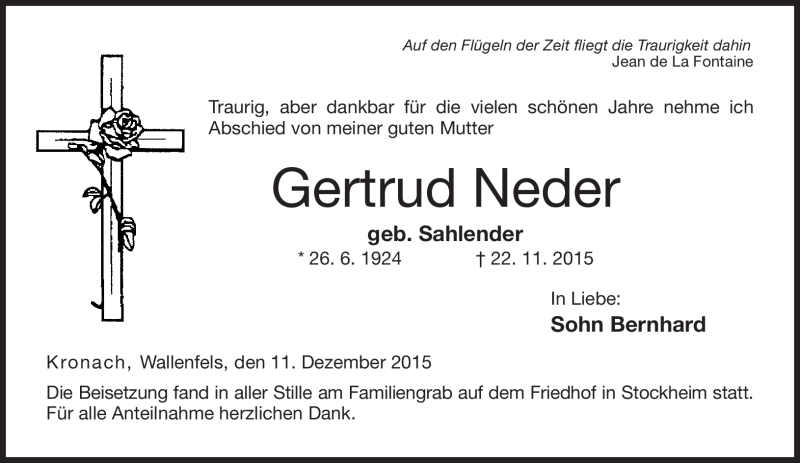  Traueranzeige für Gertrud Neder vom 11.12.2015 aus Neue Presse Coburg