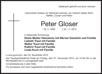 Traueranzeige von Peter Gloser von Neue Presse Coburg