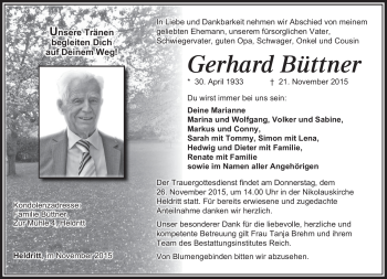 Traueranzeige von Gerhard Büttner von Neue Presse Coburg