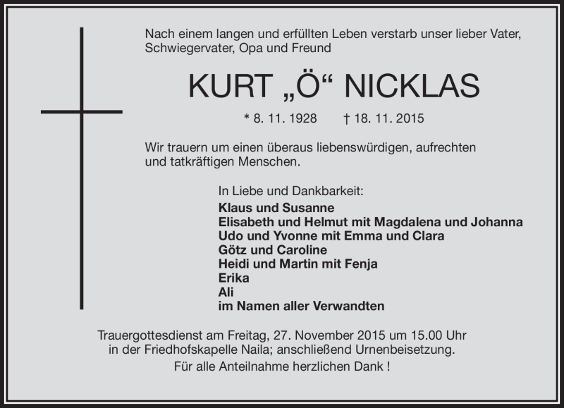  Traueranzeige für Kurt Nicklas vom 25.11.2015 aus Frankenpost