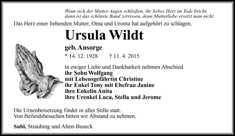  Traueranzeige für Ursula Wildt vom 18.04.2015 aus Südthüringer Presse