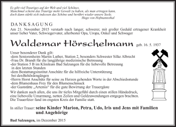 Traueranzeige von Waldemar Hörschelmann von Südthüringer Presse